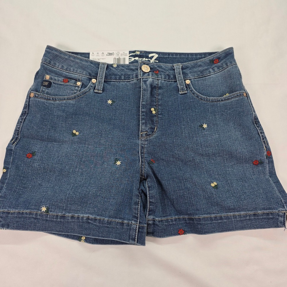 Seven7 Blue Denim Jean Shorts with Embroidered Floral Accents